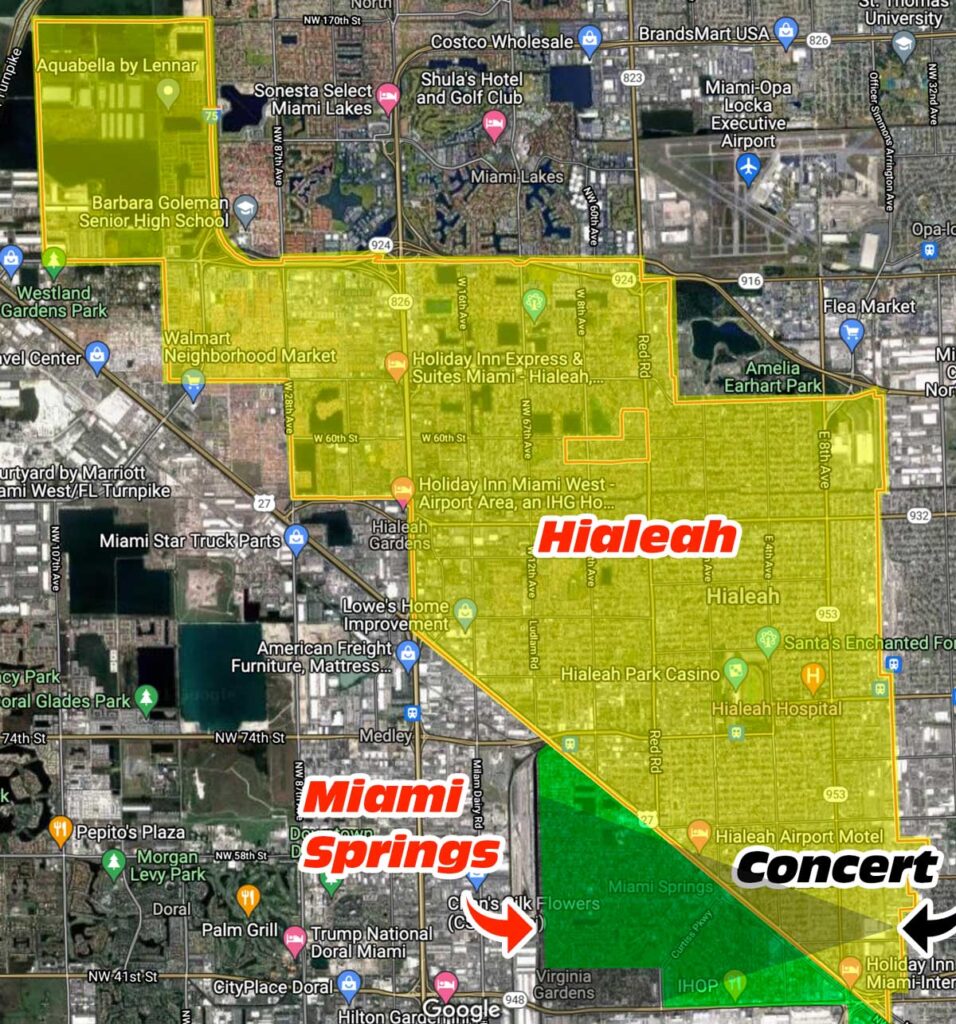 Hialeah Miami Springs Map showing sound from Concert
