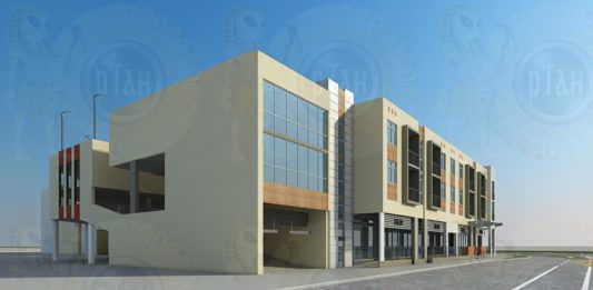 Street view from Hook Square of new apartment complex and parking garage