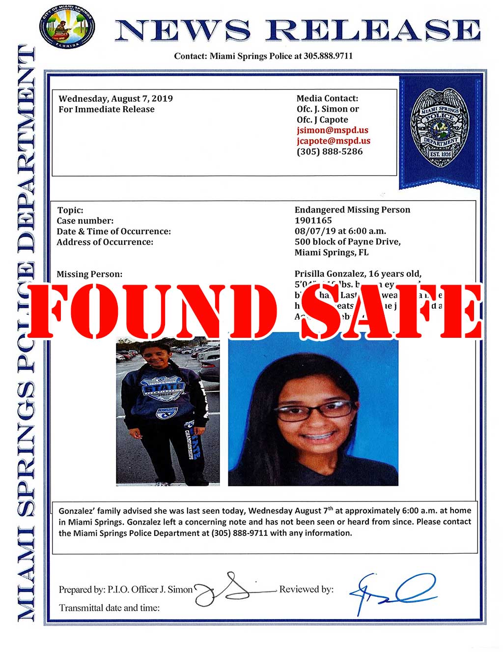 Missing Girl Found