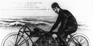 Glenn Curtiss on his V-8 Motorcycle on Ormond Beach Florida 1907