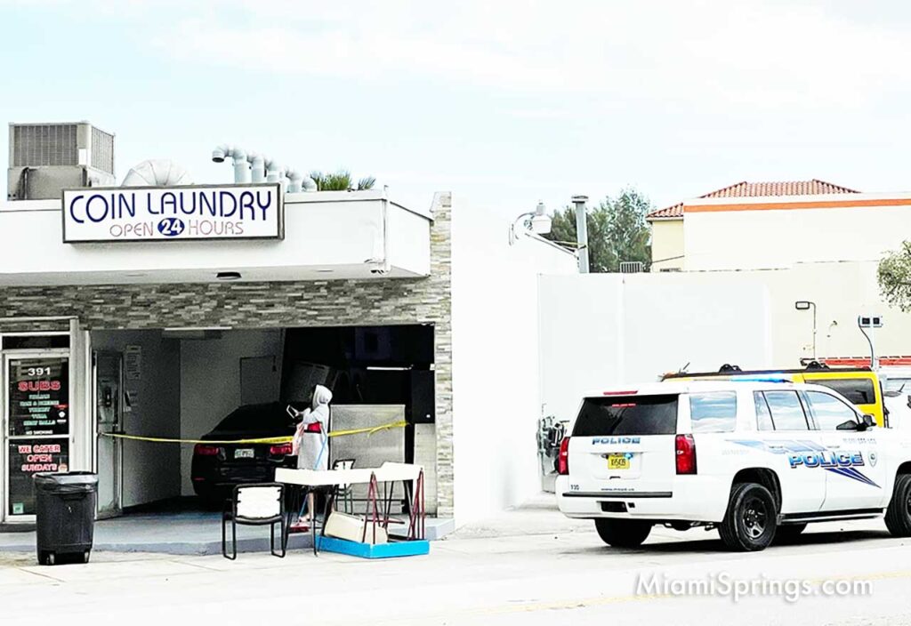 Car Crashes into Coin Laundry next to Roman's Pizza (Photo Credit: MiamiSprings.com)