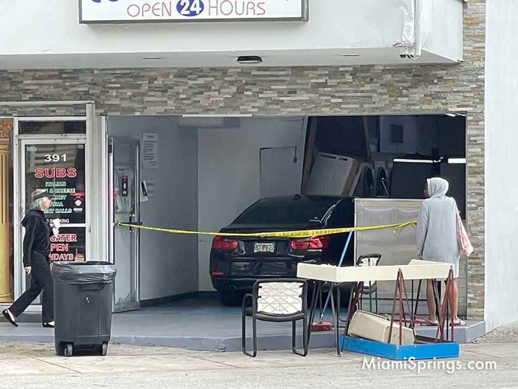Car Crashes into Coin Laundry next to Roman's Pizza (Photo Credit: MiamiSprings.com)