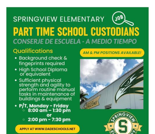 Hiring:  Part Time School Custodians at Springview Elementary