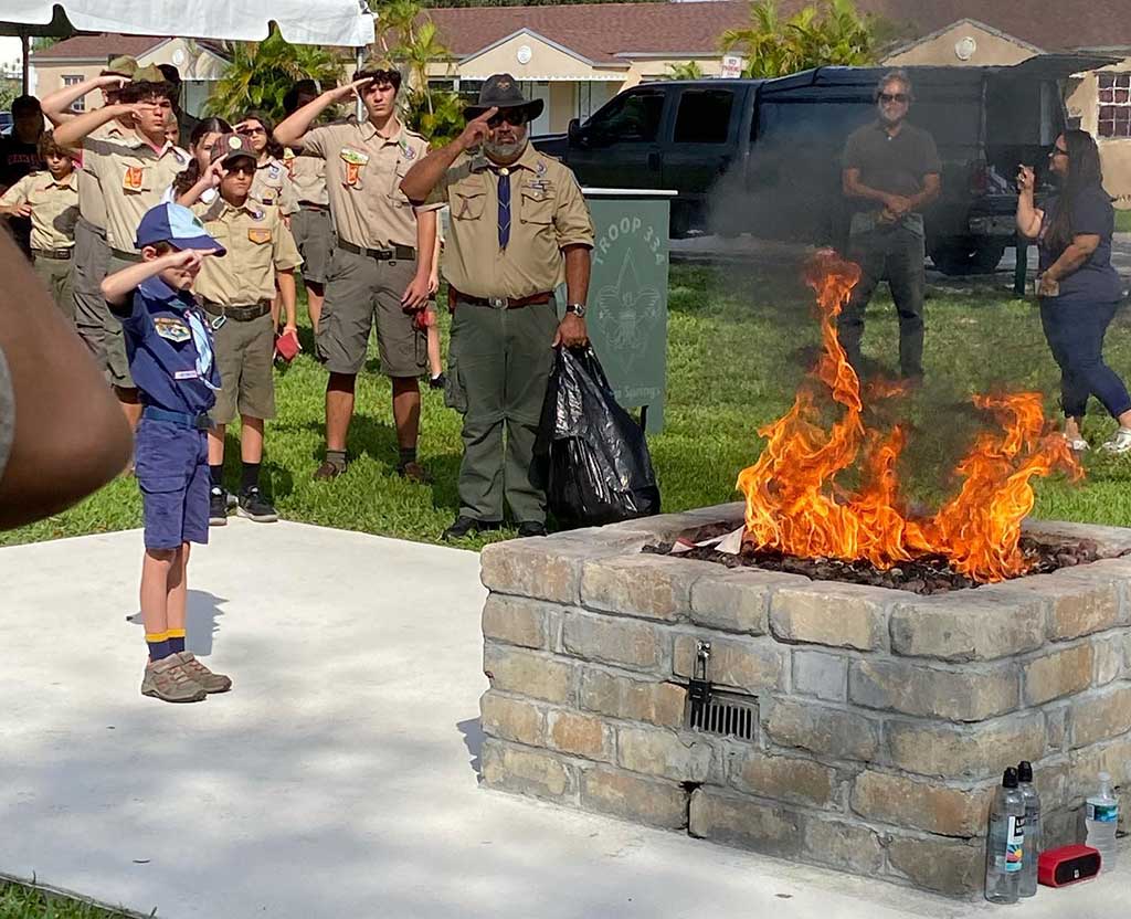 Miami Springs Cubs Scouts Pack 425 were joined by Scouts BSA Troop 334 on Memorial Day at the War Memorial in Miami Springs (Photo Credit: Miami Springs Cub Scouts, Pack 425)