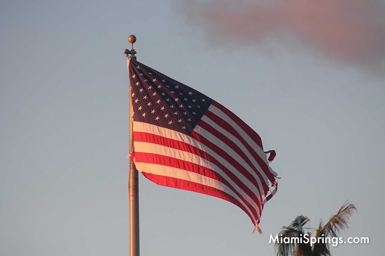 Tattered American Flag at Sunrise