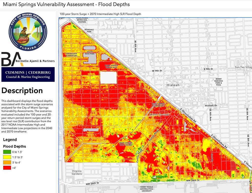 2070 Storm Surge Flood Map of the City of Miami Springs with High Sea Level Rise