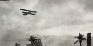 1924 Curtiss Jenny over the Curtiss-Bright Administration Building  by Ken Wilde Historian Miami Springs Historical Society