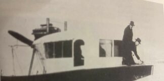 1920 Miami Springs Founder Glenn Curtiss On the Bow Of His New Invention “Scooter” by Ken Wilde