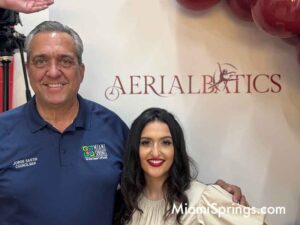 Miami Springs Councilman Jorge Santin with Aerialbatics founder Tara Cevallos at the Grand Opening Event for Aerialbatics in Miami Springs