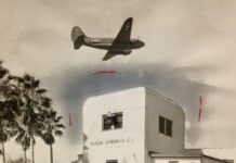 WWII Curtiss C 46 Commando flying over Miami Springs Country Club 1943 by Ken Wilde