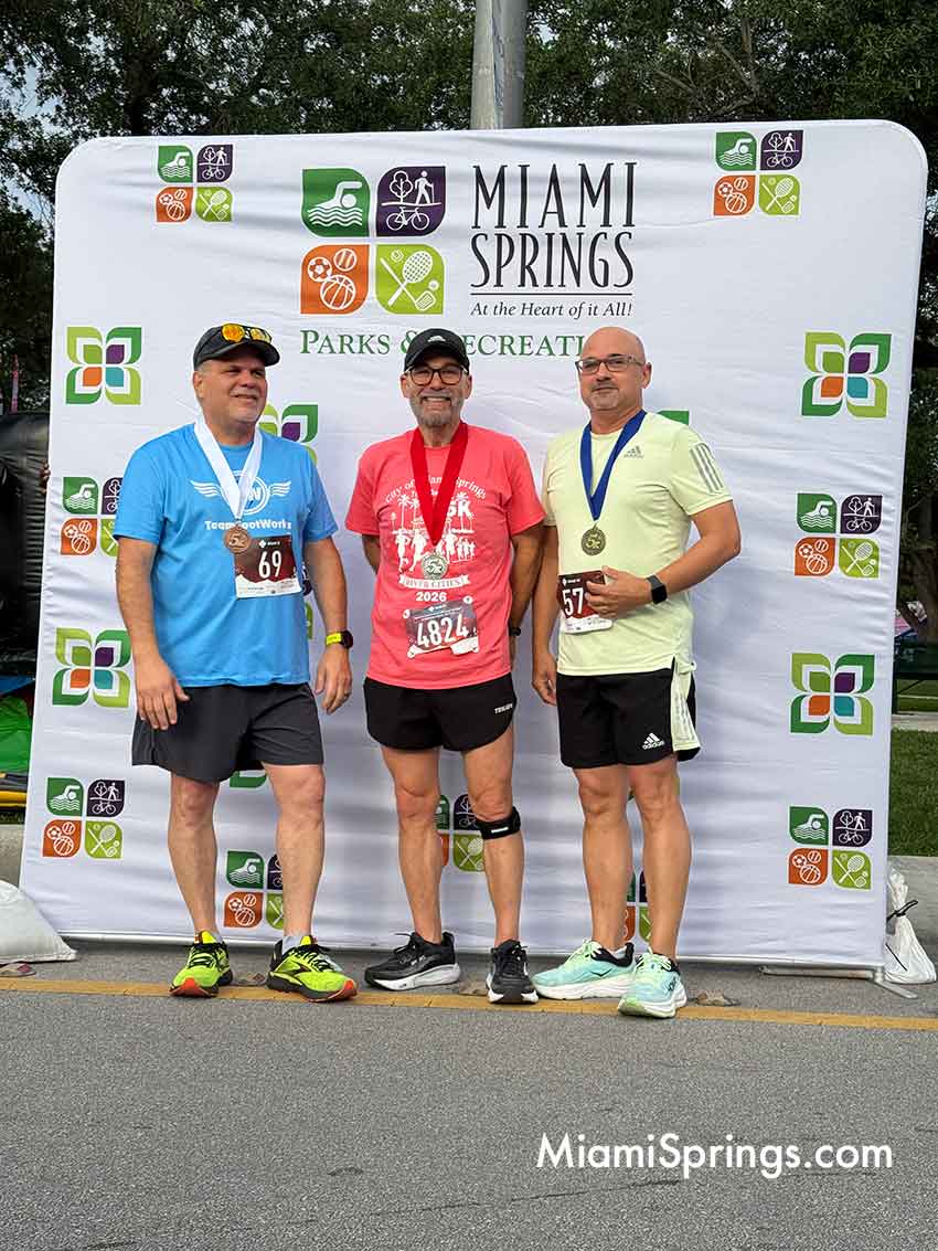 Felix Murillo (62 left), Jose Alberto Torres (56 center), and Erik Manzano (57 right) at the River Cities Regatta 5K Run
