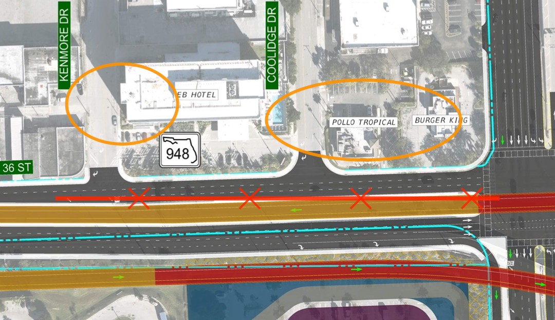 Annotated Business Access Obstructions on NW 36th Street