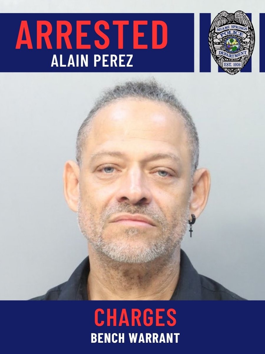 Alain Perez (identified as Vega) was arrested on an active Miami-Dade County bench warrant. (Photo credit: @MiamiSpringsPD)