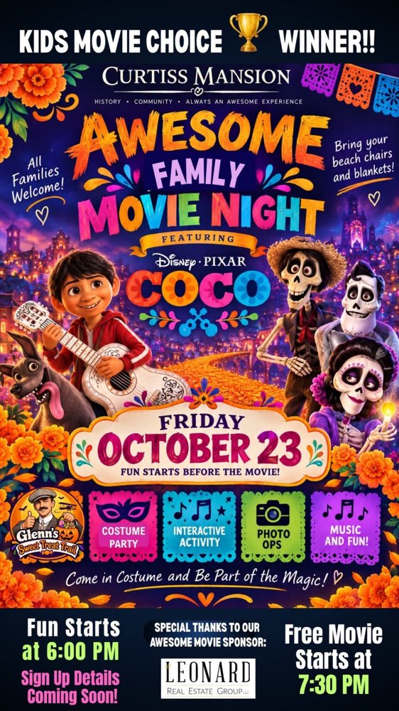 Official flyer for the Curtiss Mansion Awesome Family Movie Night featuring Coco and Kids Costume Party on October 23, 2026