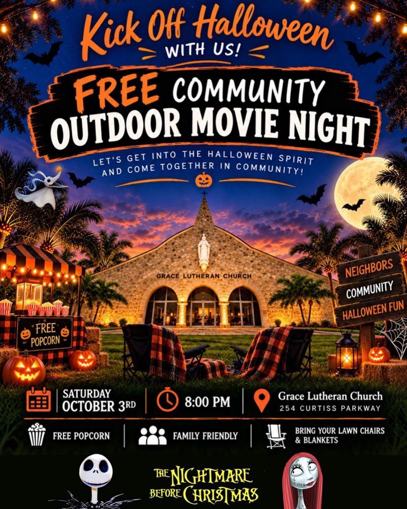 Official flyer for the Free Community Outdoor Movie Night event featuring The Nightmare Before Christmas at Grace Lutheran Church on October 3, 2026