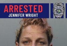 Hotel Battery Investigation in Miami Springs Leads to Narcotics Seizure and Three Arrests Booking graphic of Jennifer Wright with charges listed as trafficking methamphetamine and possession of controlled substance/psilocybin