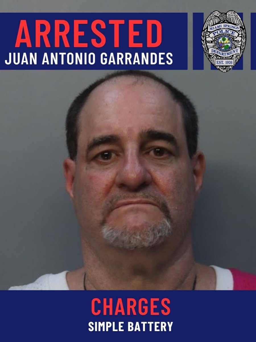 Juan Antonio Garrandes was arrested and charged with simple battery. (Photo credit: @MiamiSpringsPD)