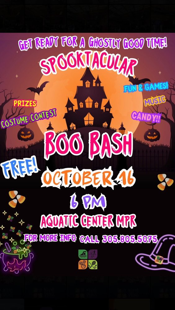 Official flyer for the Miami Springs Annual Boo Bash event featuring a cute Halloween theme