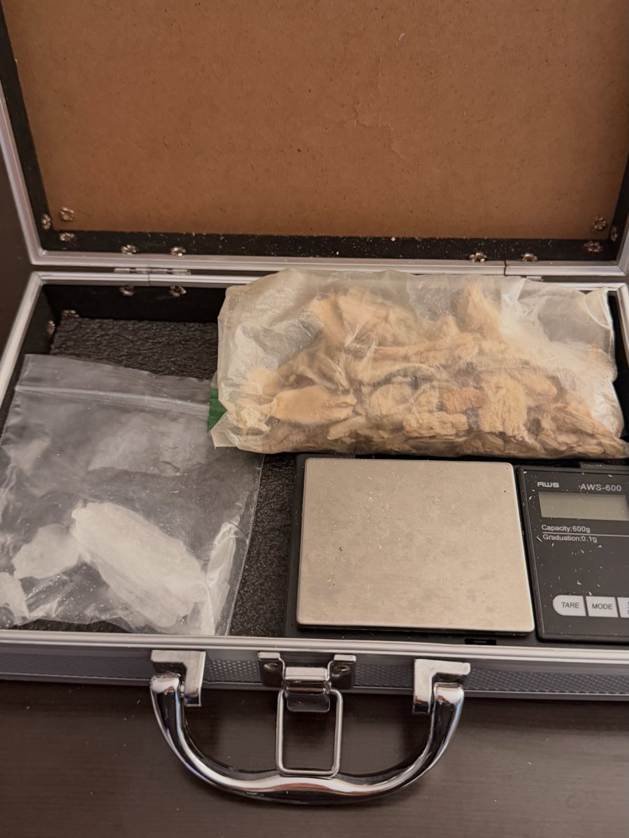 Suspected methamphetamine, psilocybin mushrooms, and a digital scale found inside an open suitcase. (Photo credit: @MiamiSpringsPD)
