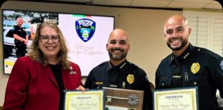 Miami Springs Police Department Honored with Inaugural ‘Key to the Club’ by Miami Springs Woman’s Club Miami Springs Police Department Officers receiving the Key to the Club award