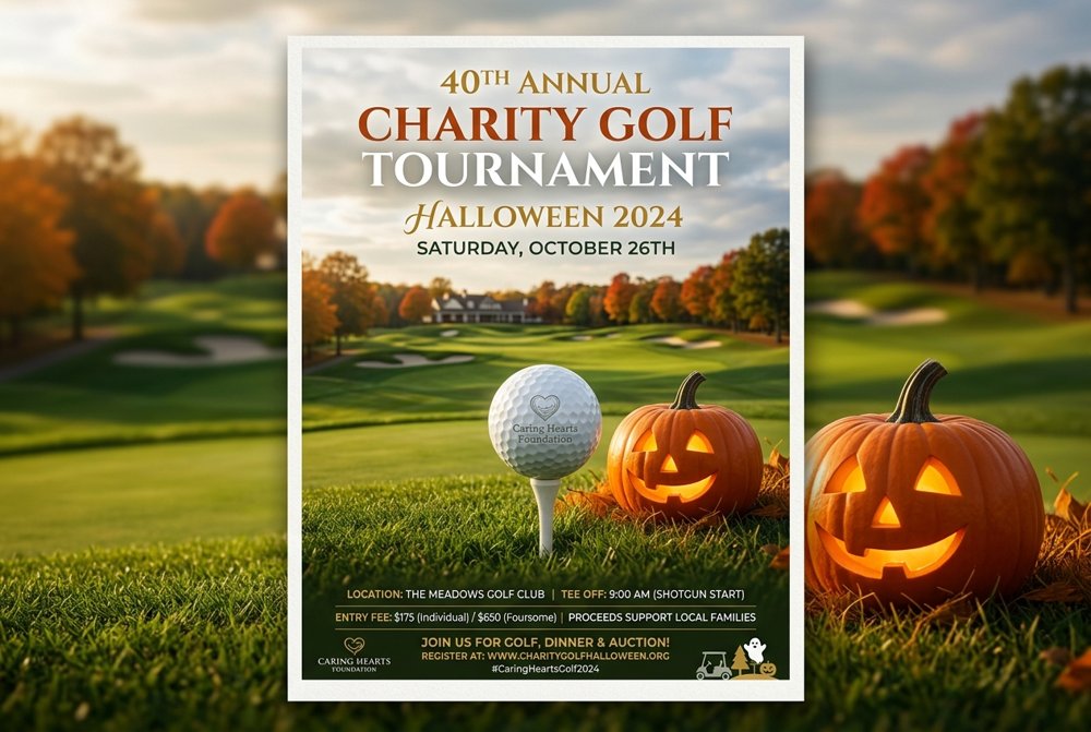 Official flyer for the 40th Annual River Cities Rotary Club Charity Golf Tournament featuring a Halloween theme with a golf ball and jack-o-lantern