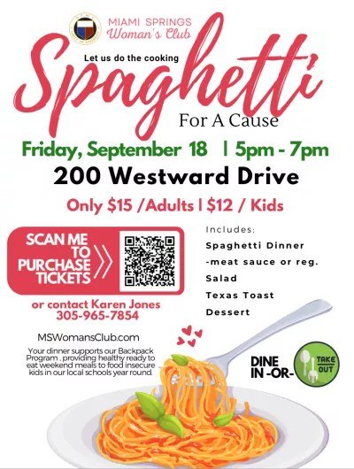 Official Spaghetti For a Cause Dinner Flyer - GFWC Miami Springs Woman’s Club