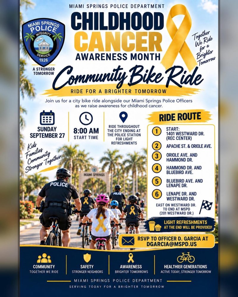 Official flyer for the Miami Springs Police Department Childhood Cancer Awareness Month Community Bike Ride event on September 27, 2026
