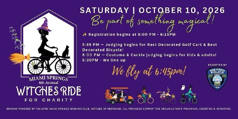 GFWC Miami Springs Woman's Club 4th Annual Witches Ride for Charity Flyer for Saturday, October 10, 2026.