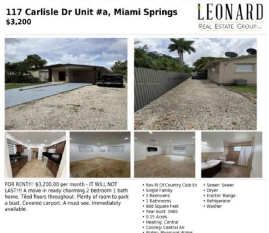 FOR RENT: 2 Bed, 1 Bath Home at 117 Carlisle Dr #a in Miami Springs – $3,200/mo 117 Carlisle Dr Unit #a Miami Springs Rental Listing Flyer