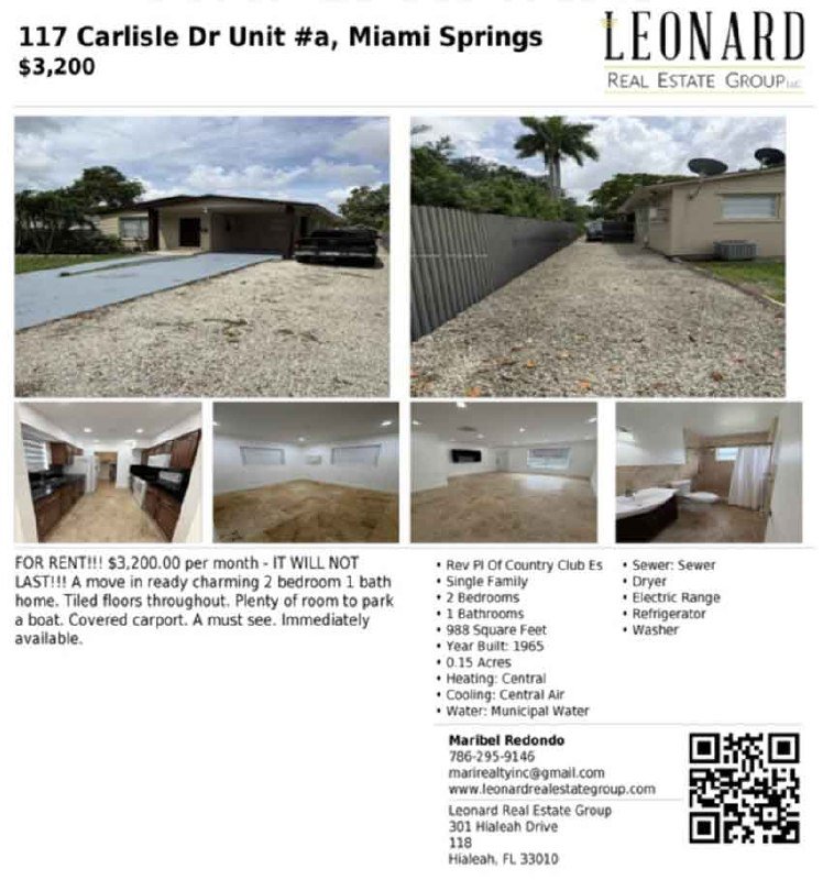 117 Carlisle Dr Unit #a Miami Springs Rental Listing Flyer