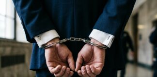Miami Springs Resident and Coral Gables Lawyer Jackson Lainez Suspended by Florida Supreme Court Amid Lewd Conduct Charges Close-up of a man in a professional dark navy blue suit and white shirt cuffed in silver metal handcuffs behind his back.