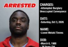 Suspect Arrested in Miami Springs After Doorbell Camera Catches Vehicle Burglary Attempt Lionel Melaki Timms arrest graphic showing his mugshot and charges including Attempted Burglary Unoccupied Conveyance on October 3, 2026.