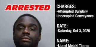 Suspect Arrested in Miami Springs After Doorbell Camera Catches Vehicle Burglary Attempt Lionel Melaki Timms arrest graphic showing his mugshot and charges including Attempted Burglary Unoccupied Conveyance on October 3, 2026.