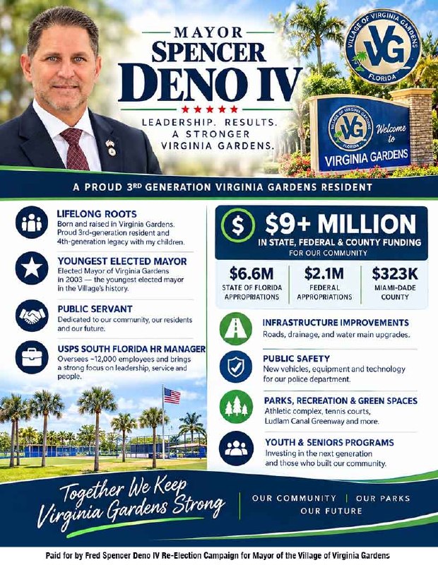 Mayor Spencer Deno IV Re-Election Campaign Flyer detailing accomplishments, $9M funding, and public service details.