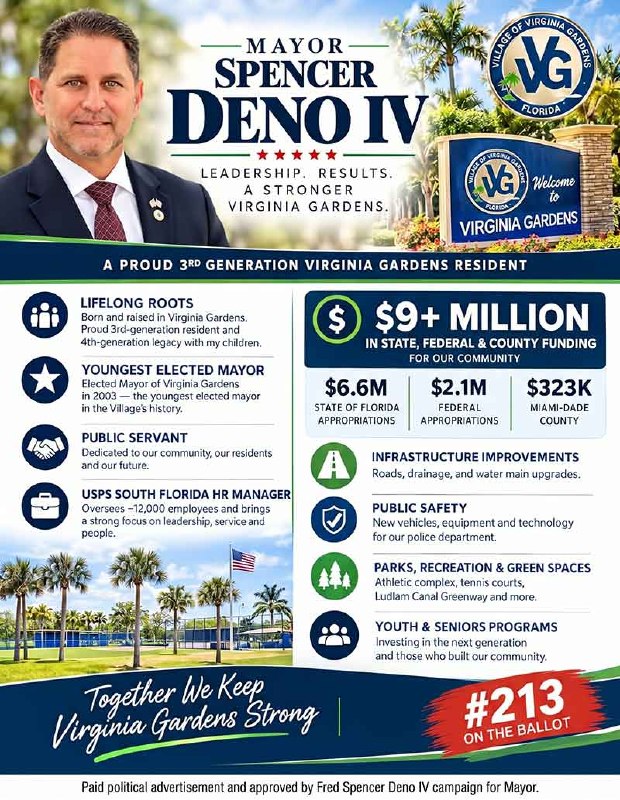 Mayor Spencer Deno IV Re-Election Campaign Flyer detailing accomplishments, $9M funding, and public service details.