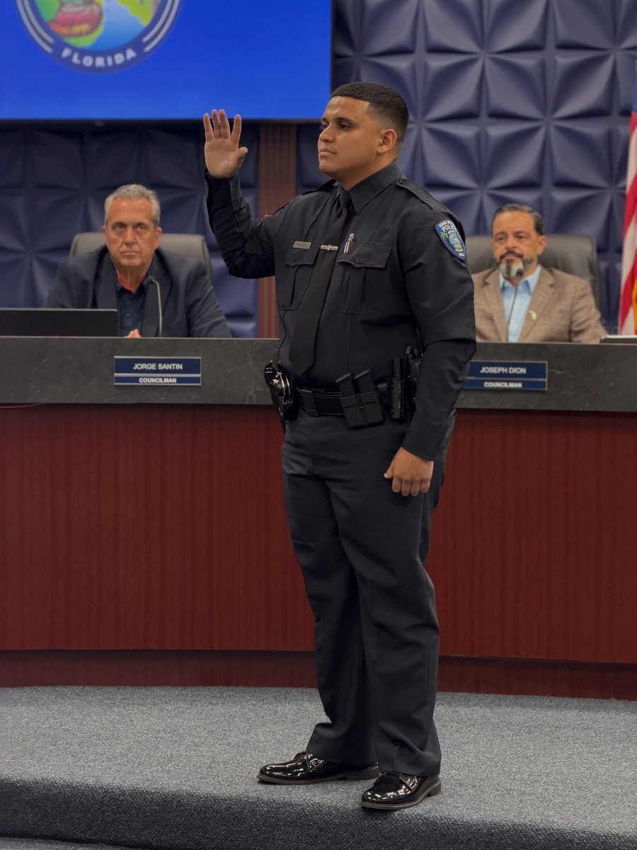 Officer Steven Diaz with Miami Springs Police leadership. Photo Credit: @MiamiSpringsPD