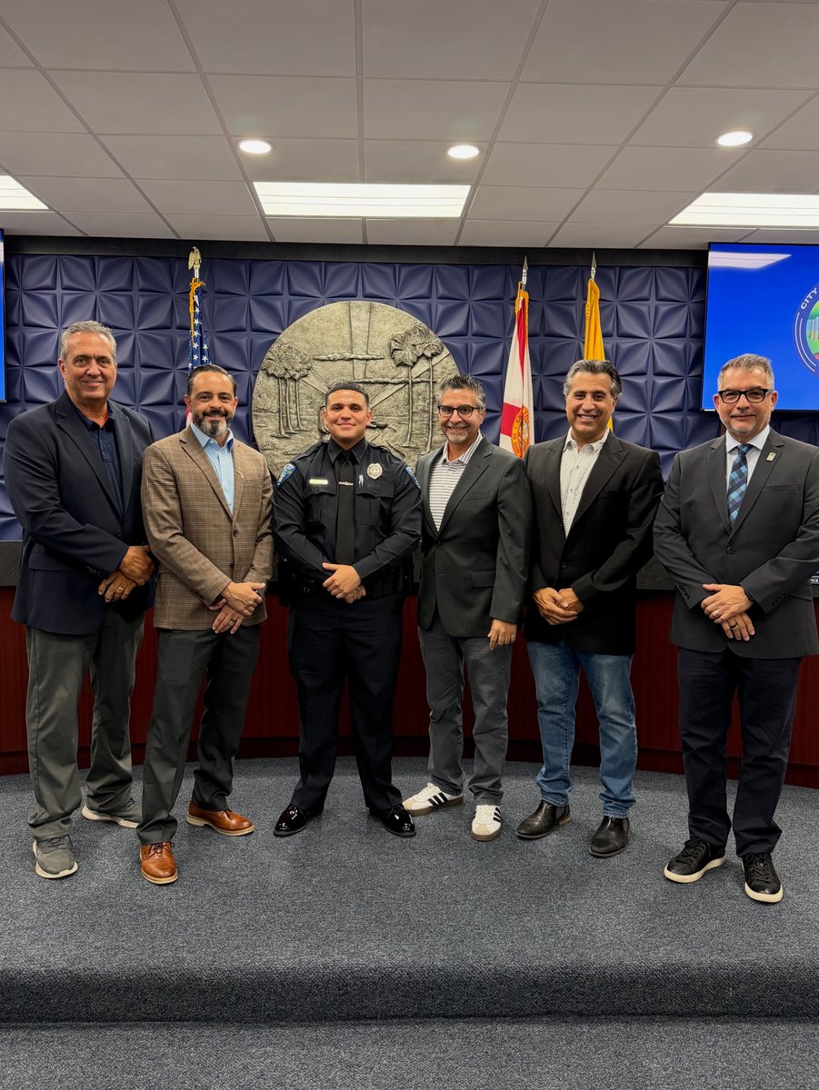 Officer Steven Diaz congratulated at City Council. Photo Credit: @MiamiSpringsPD