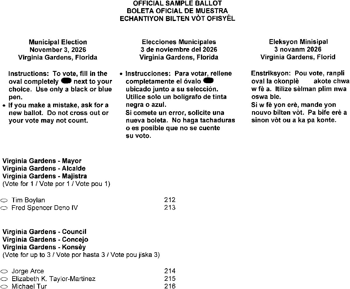 Official sample ballot for the Virginia Gardens municipal election listing candidates for Mayor (Tim Boylan, Fred Spencer Deno IV) and Council (Jorge Arce, Elizabeth K. Taylor-Martinez, Michael Tur).